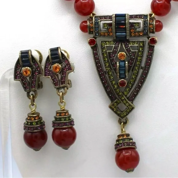 HEIDI DAUS MULTI CRYSTAL CARNELIAN BEAD STRAND NECKLACE /EARRING